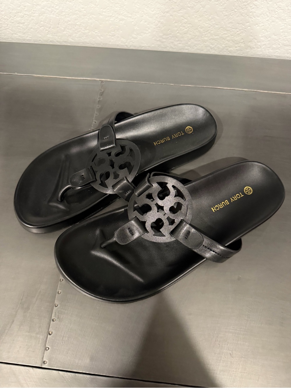 Tory Burch Black Leather Logo Thong Sandals
